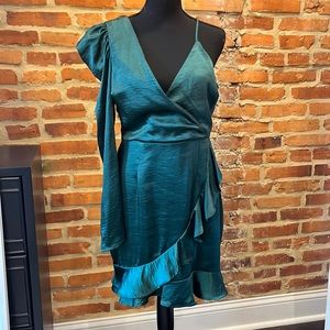 Moment So Fine Forest Green Ruffled One-Shoulder Mini Dress